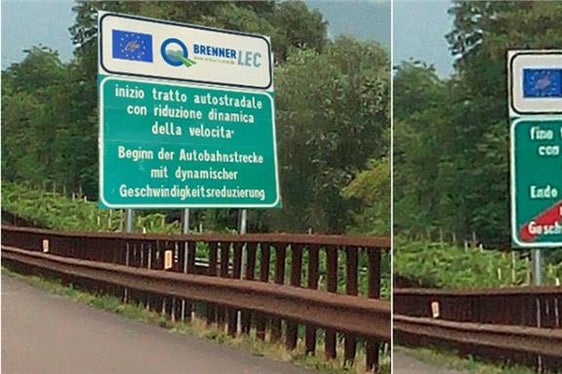 Die fixen Schilder, welche am Rande der Fahrbahn angebracht wurden, weisen die Benutzer der A22 auf Beginn und Ende der Teststrecke und dynamische Geschwindigkeitsregelung hin (Foto: Umweltagentur Bozen)