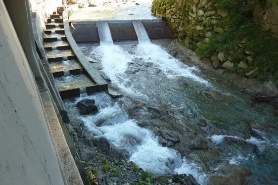 Passierbarkeit (Foto: Landesagentur für Umwelt)
- Eine geringe Absturzhöhe, sowie eine niedrige Fließgeschwindigkeit in den Becken der Wanderhilfe soll auch juvenilen Fischen den Aufstieg ermöglichen.
- Bei der Beckendimensionierung (mini-male Wassertiefe, Länge und Breite) sind die vorherrschenden Fischarten aus-schlaggebend und ist nach ihnen anzupassen.
- Eine hohe Sohlenrauhigkeit erlaubt auch leistungsschwachen, bodenorientierten Arten den Aufstieg.
