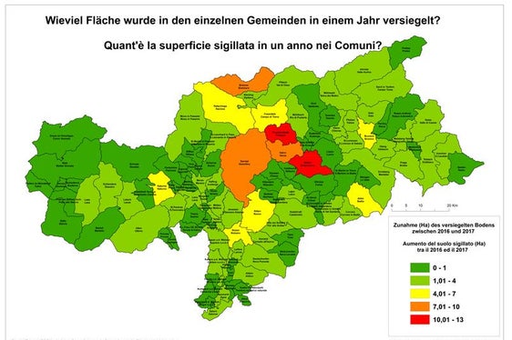 Versiegelte Fläche in den einzelnen Gemeinden in einem Jahr (Quelle: ISPRA)