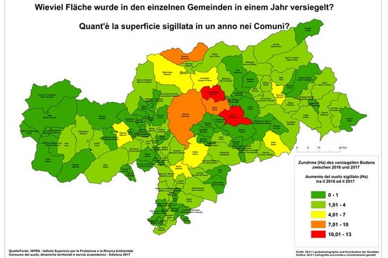 La superficie sigillata in un anno nei Comuni (Fonte: ISPRA)