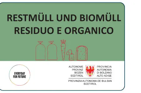 Grünes Etikett „Rest- und Biomüll“ (mit SEAB-Piktogramm), Landesämter in der Gemeinde Bozen und Leifers