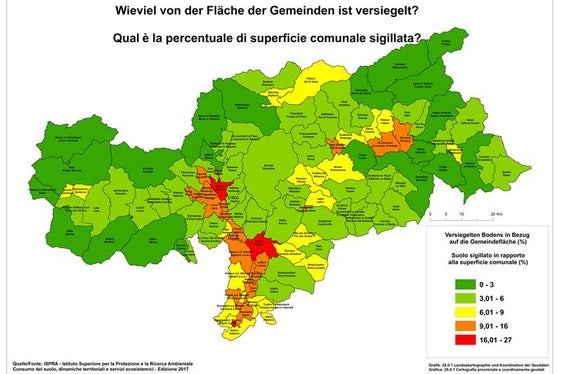 La percentuale di superficie comunale sigillata (Fonte: ISPRA)