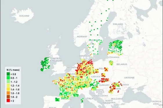 Deposition von Stickstoff in Europa (Quelle: Frontasyeva et al. 2020)