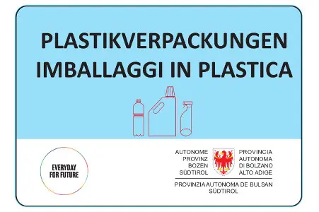 Blaues Etikett „Plastikverpackungen“ (mit SEAB-Piktogramm), Landesämter in der Gemeinde Bozen und Leifers
