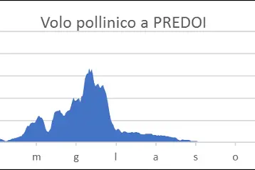 Volo pollinico a Predoi. A Predoi il volo pollinico si manifesta principalmente nel periodo da fine aprile a giugno. (Fonte: Agenzia provinciale per l'ambiente e la tutela del clima)