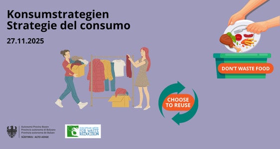 Konsum, Lebensmittelverschwendung, Ressourcenmanagement, Kreislaufwirtschaft und Streben nach Nachhaltigkeit: Das sind die Themen der Podiumsdiskussion am 27. November in Bozen (Bild erstellt mit CanvaPRO)