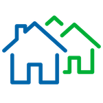 Icon of three houses outlined in green and blue