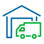 icon showing outline of warehouse and lorry in green and blue