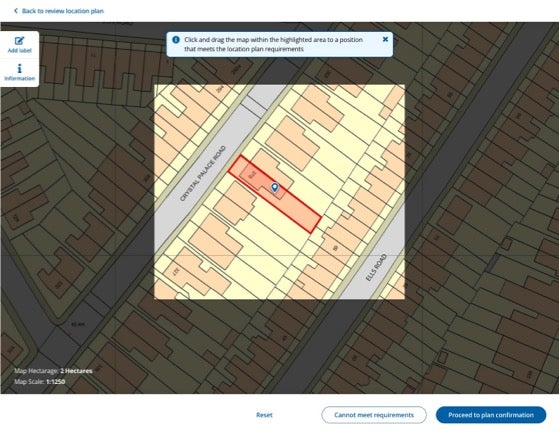 The Planning Portal site boundary drawing tool, highlighting a red line boundary and two road names