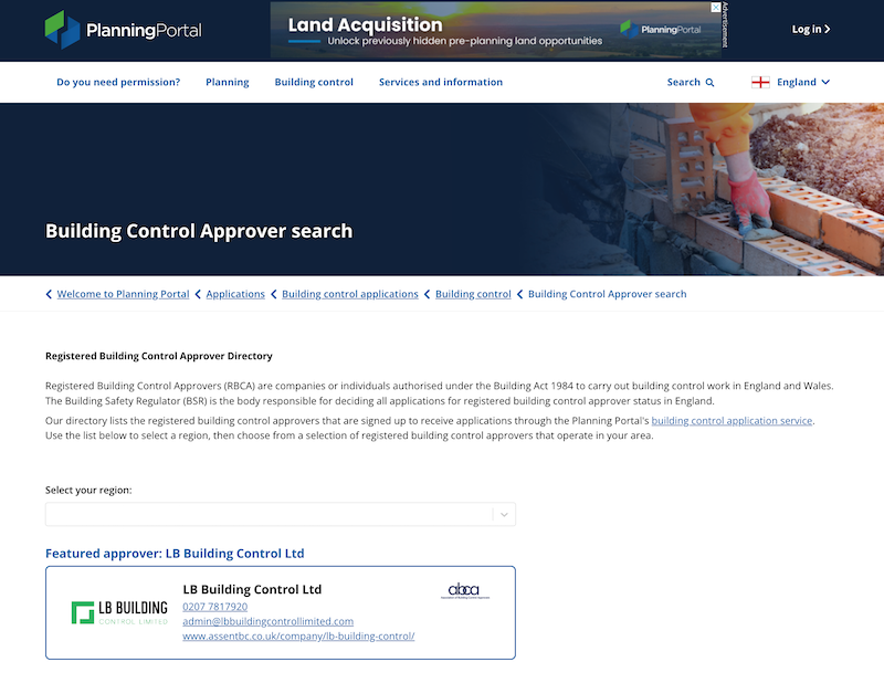 Screen showing how the featured approver appears on the registered building control approvers directory