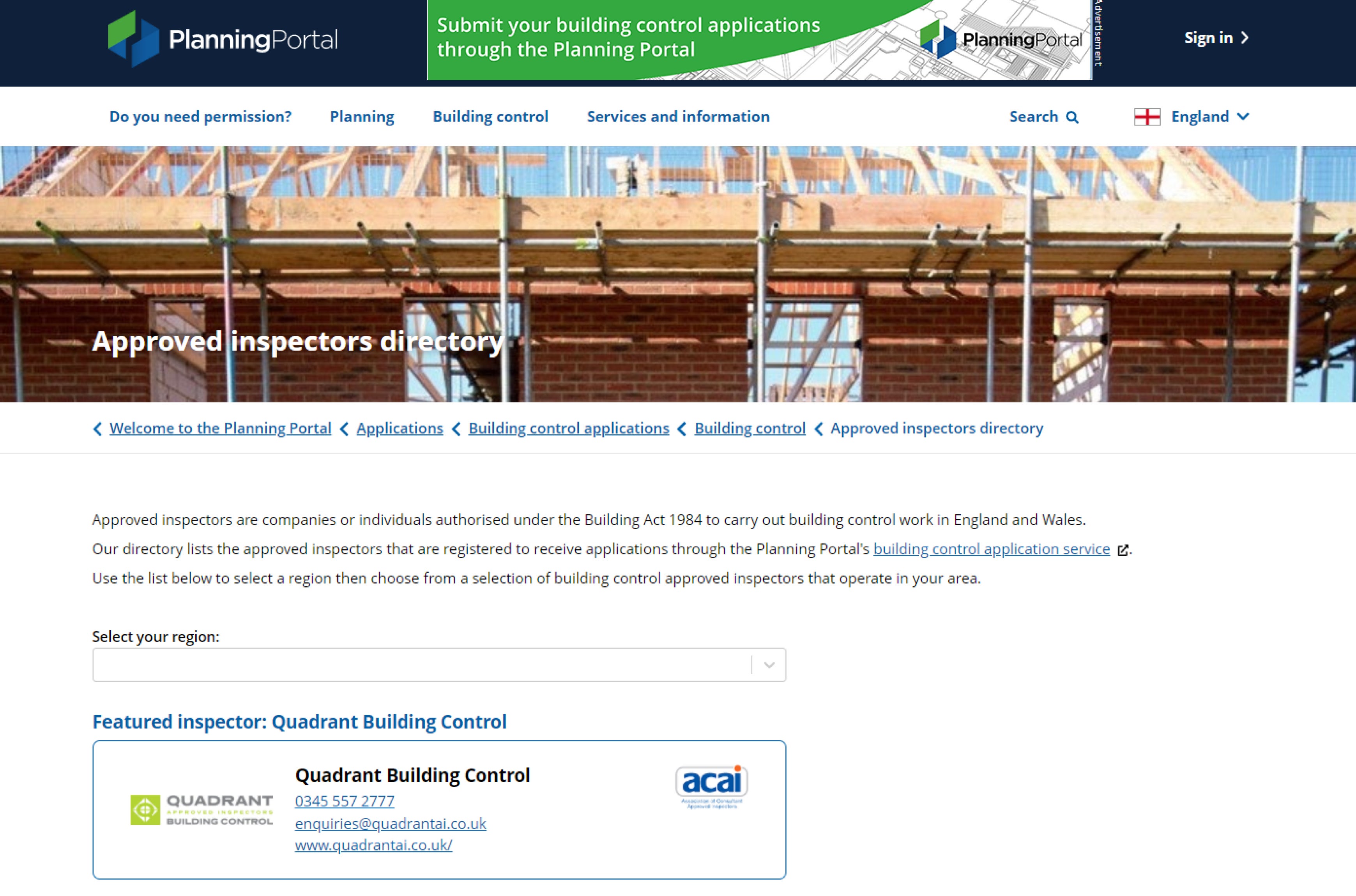 Screenshot of the Approved Inspectors Directory on the Planning Portal website