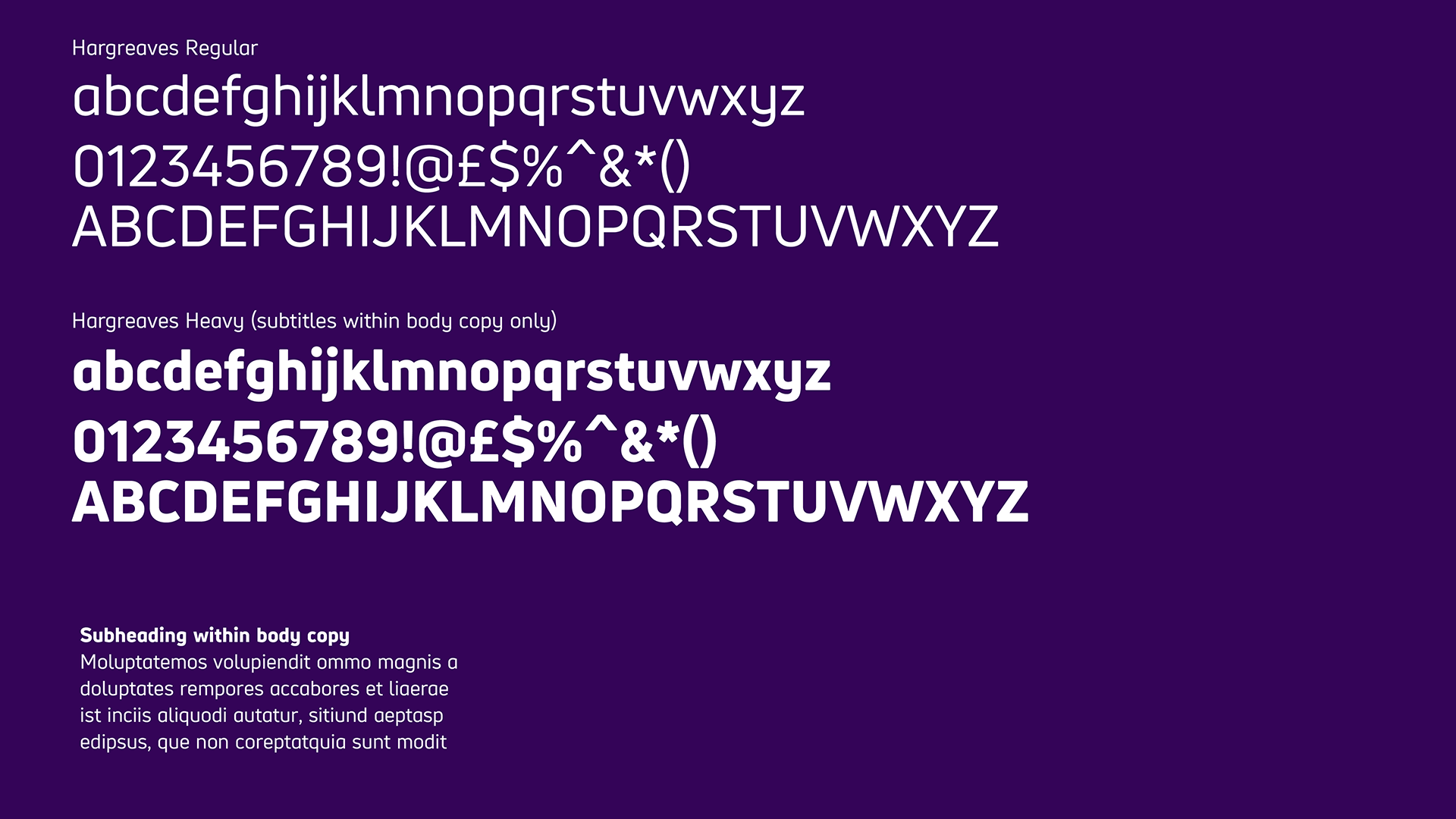 Example of hargreaves font regular and heavy showing alphabet, numbers and symbols.