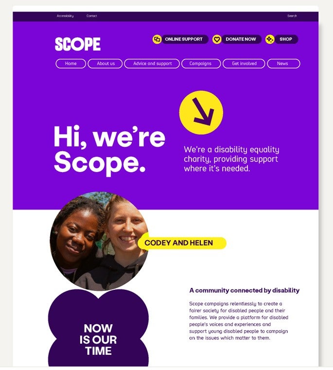 Scope homepage with bright purple background in the header and introduction. White background as it moves into personal story. Shows photo circle, lozenge and flourish on page. 