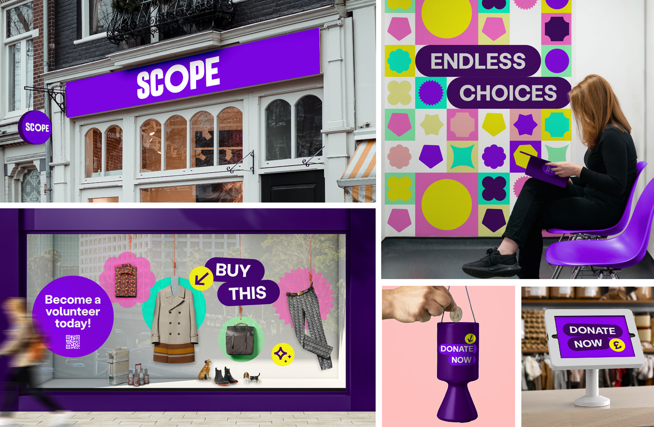 Scope store front with new brand purple and white logo. Shop window with lozenge saying 'buy this' and icon pointing at item. Donate now lozenges on screen and collection pots. 