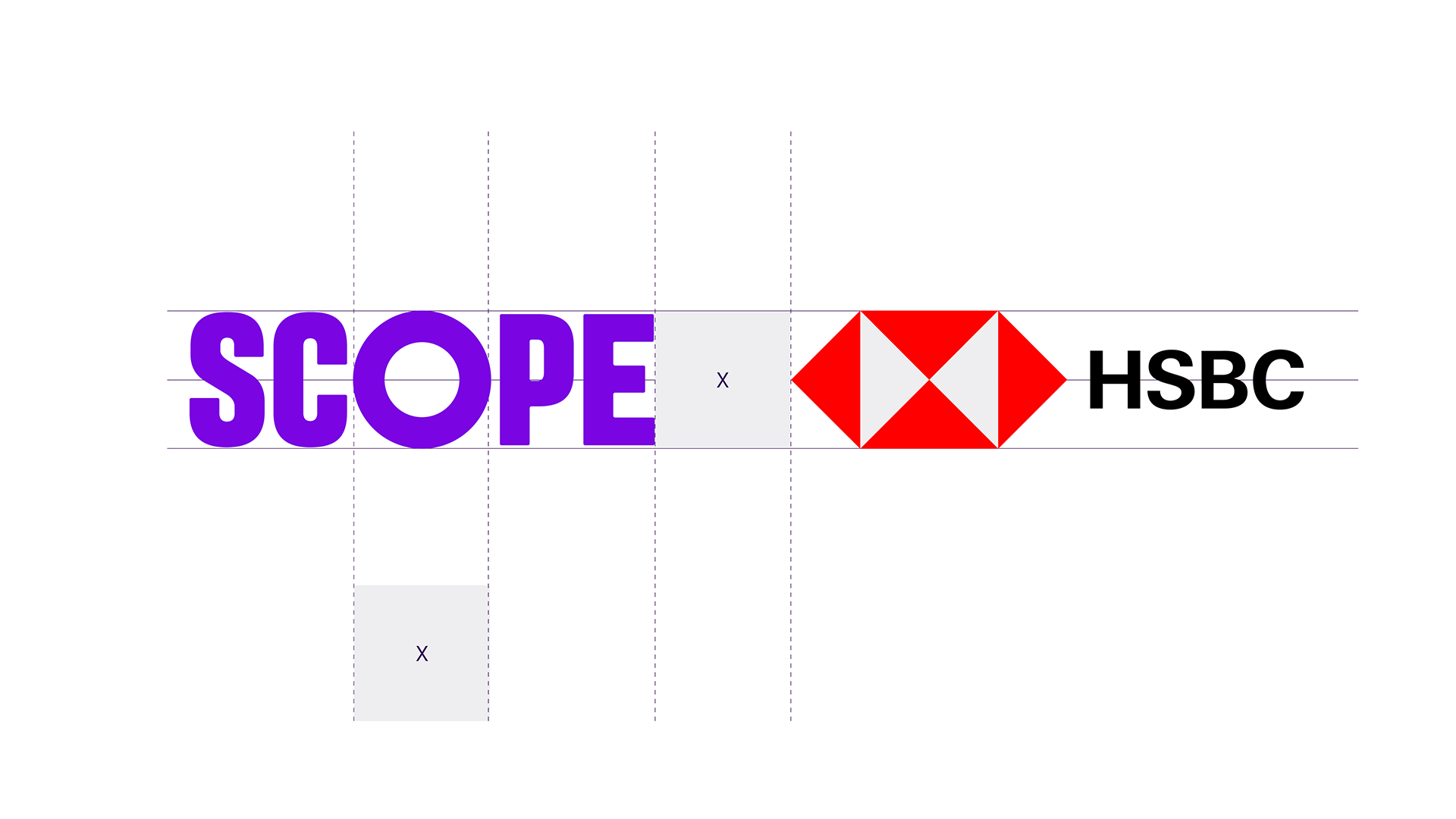 Scope logo with HSBC logo next to it. The width of the Scope 'o' is shown as the same width for the gap between logos. 