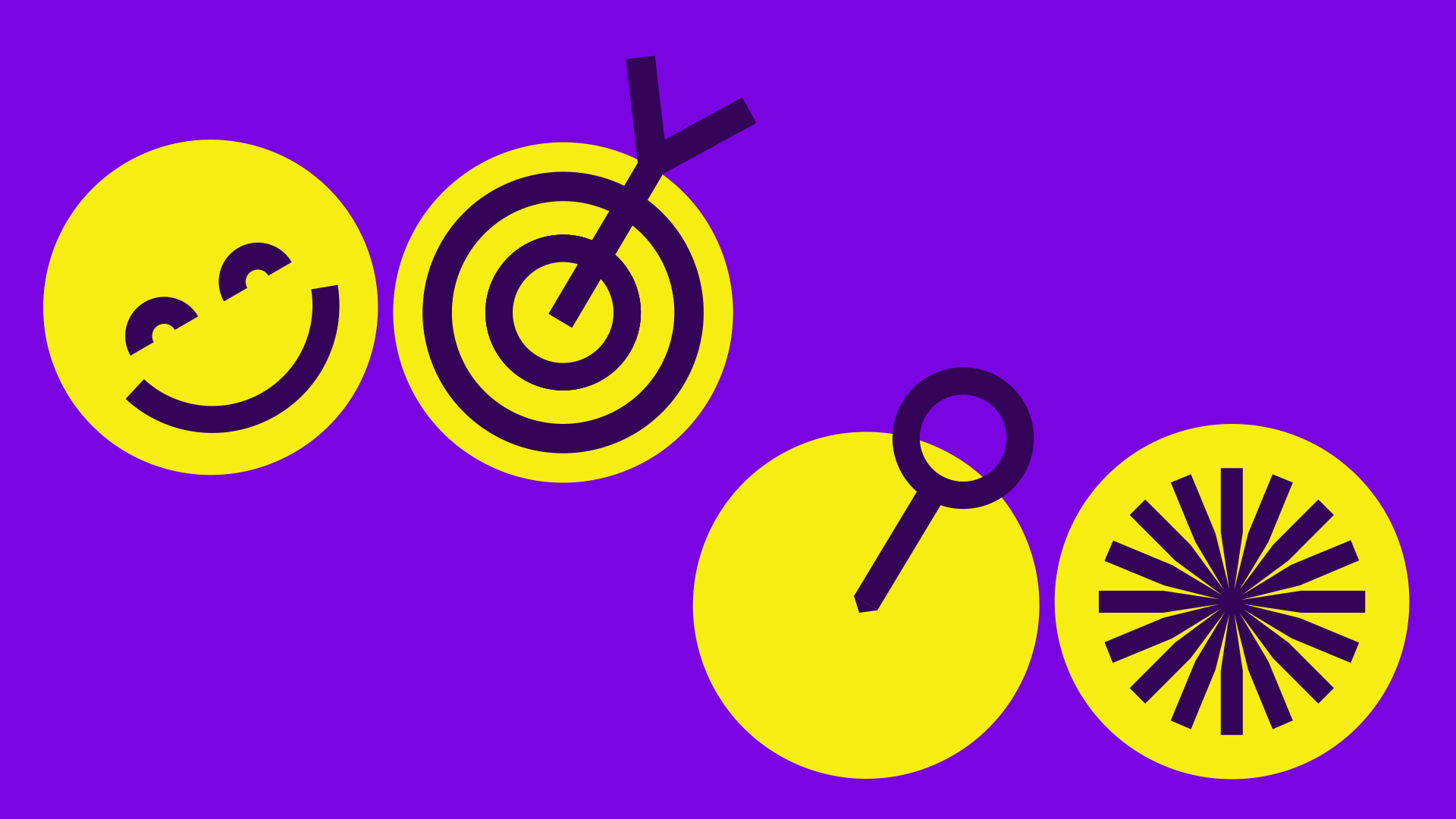 4 examples of expressive icons. 2 sit inside the circle and are a smiley face and a flower made of lines. 2 break out of the circle, one is a bullseye with the arrow coming out of the circle, the other is pin symbol coming out of the centre of the circle. 