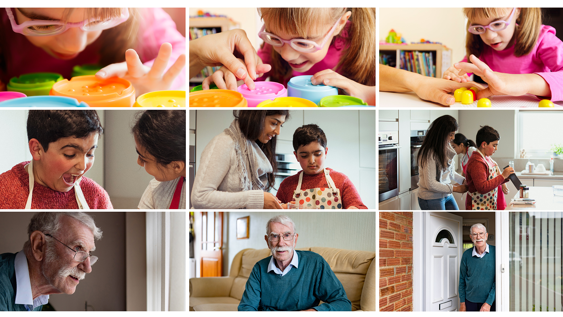 3 example of reportage photography at different angles and zoom. The first has a disabled child playing, image one shows a very zoomed in shot of her face next to the toy, image 2 is zoomed out to show more of her face and a hand helping her, image 3 is zoomed out to see the table and more of her body. The second example has a mother and son baking, image one is a zoomed in shot of him in surprise, image 2 is mother and son working together, image 3 is zoomed out and the mother is tying his apron as he sets ingredients out. Example 3 is an close up of an older man looking out a window, image 2 he's sat on the sofa, image 3 he's standing in his doorway. 