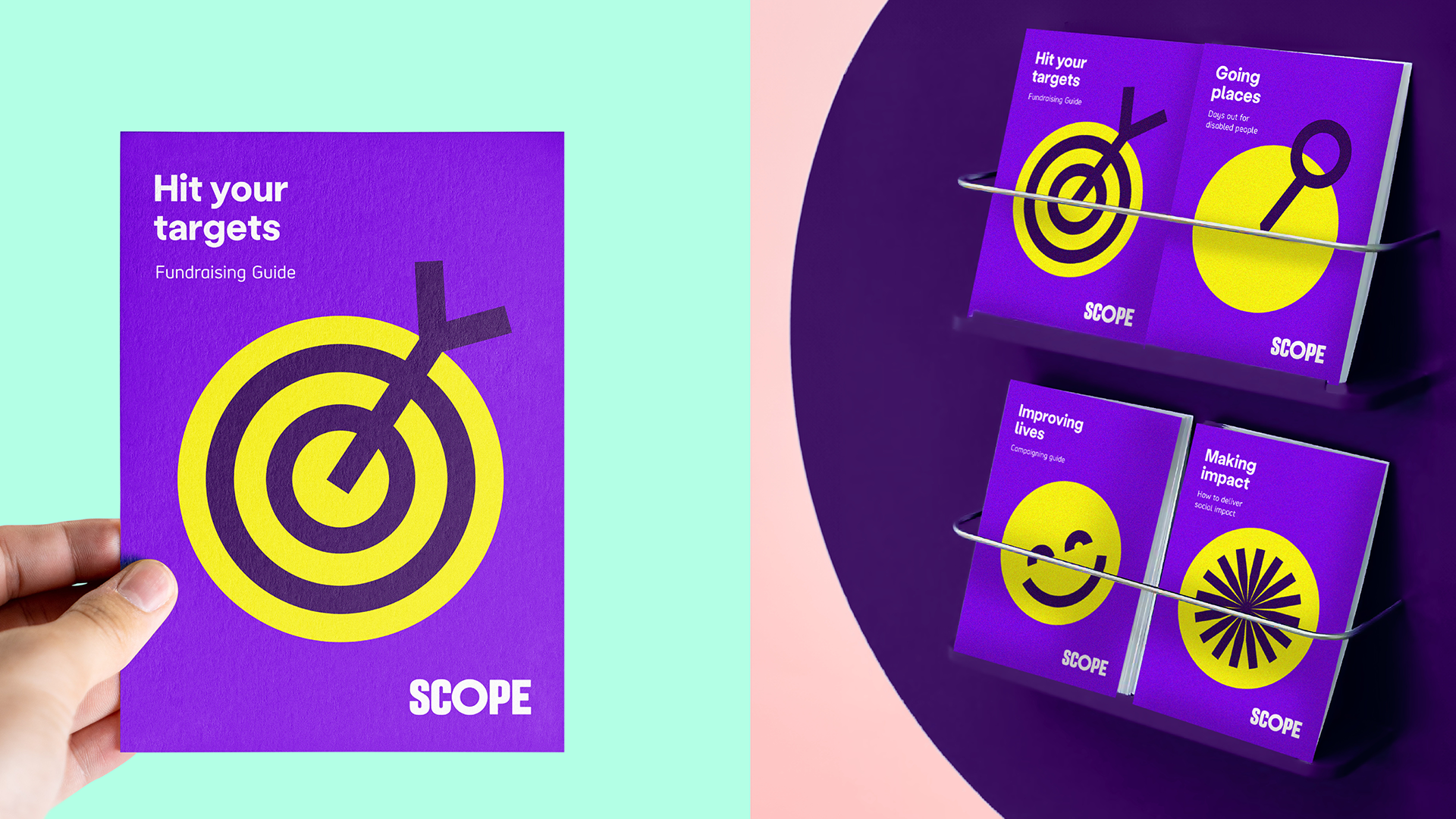 2 examples. 1 shows 'hit your targets' with bullseye icon at the centre. 2 shows 4 pamphlets with different large expressive icons at the centre. 