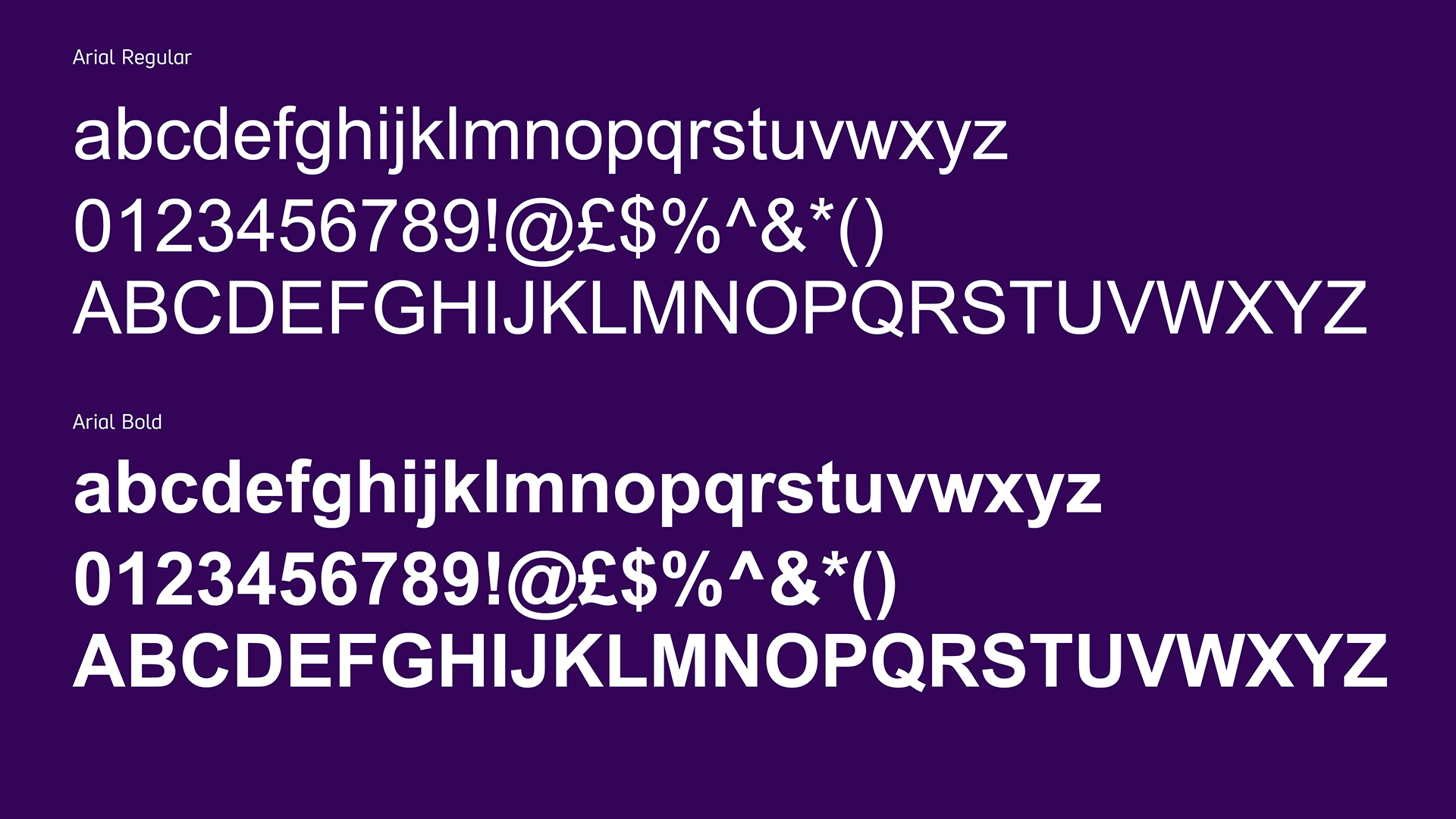 Example of Arial font regular and heavy showing alphabet, numbers and symbols.