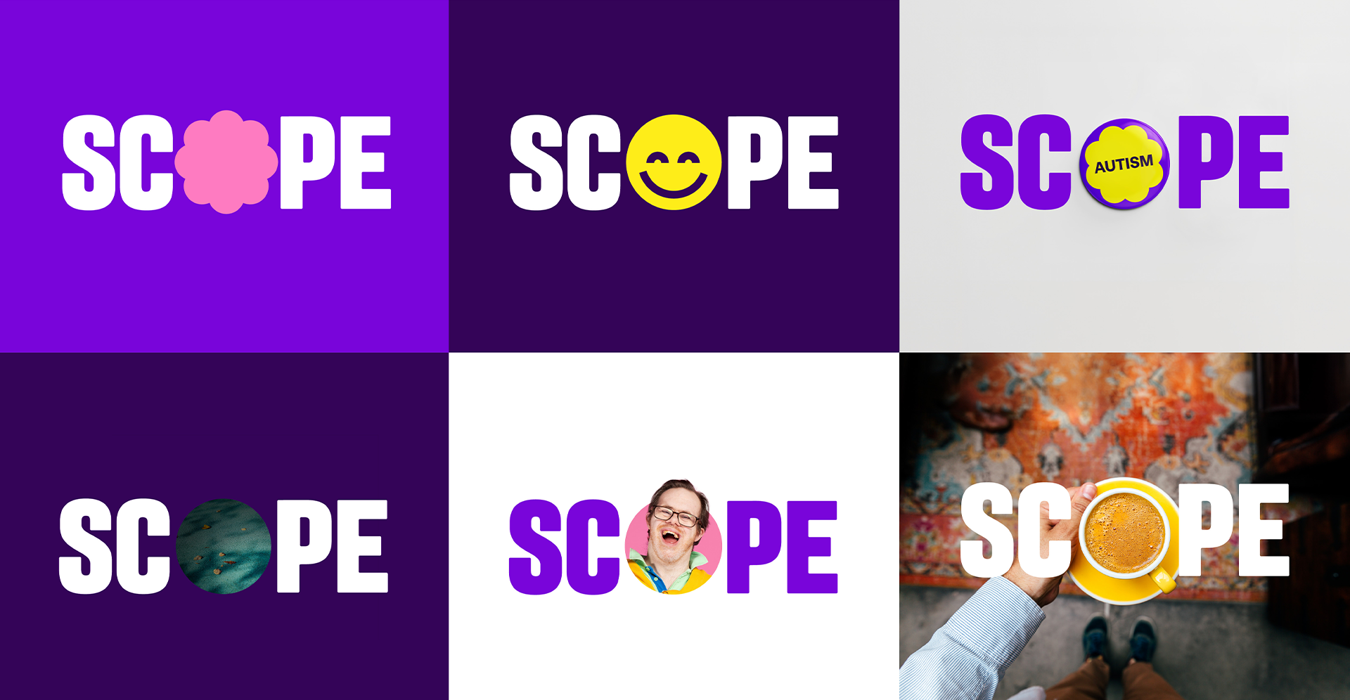 6 examples with the logo's ‘O’ replaced with a round pink flower, a smiley face, an autism badge, a field, a photo of a disabled person breaking out of the O, and a person holding a coffee mug.