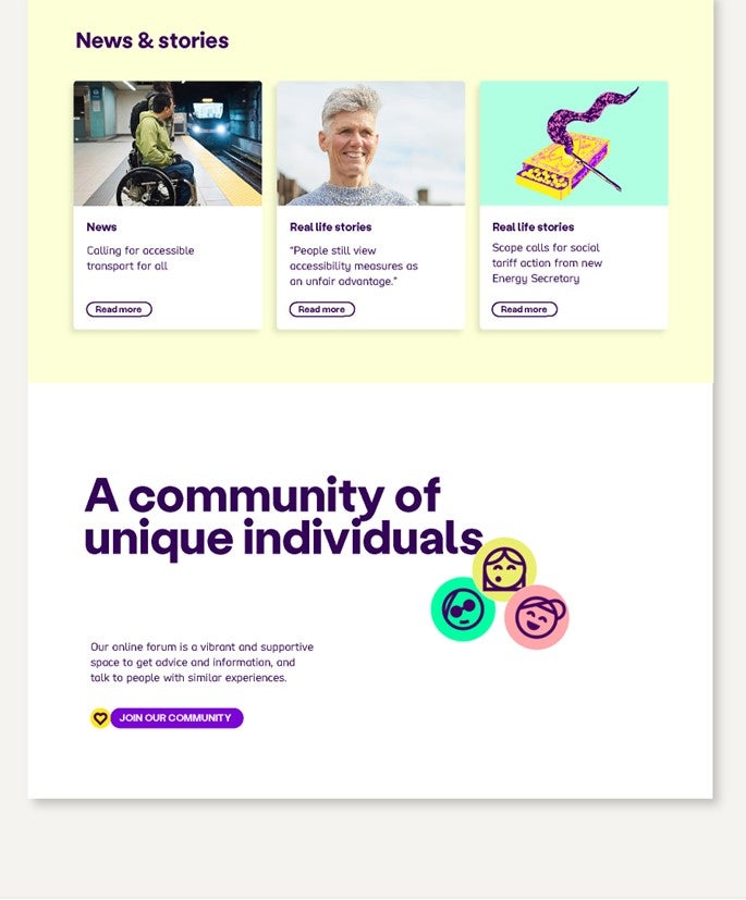 News and story section of homepage using pale yellow background and boxes for each story. Community section has white background and uses faces icons and lozenge call to action. 