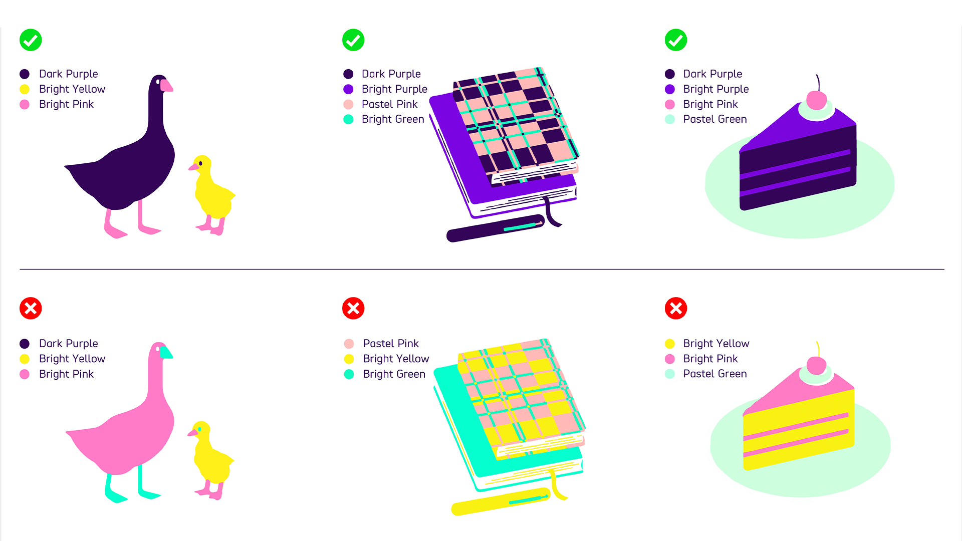 6 examples of the colours that can and cannot be used together as outlined in the bullet points. For more detailed examples, go to 'image description' heading for plain text version.