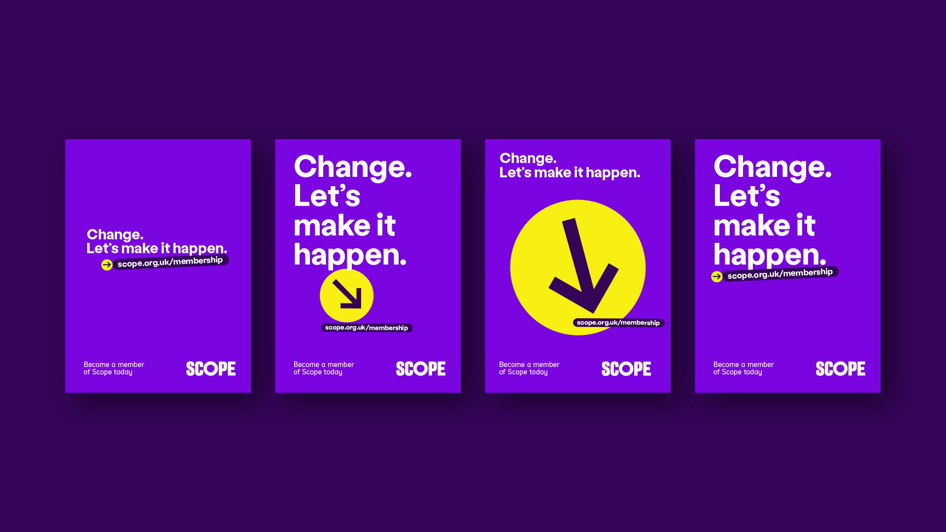 4 examples of the icon in use in different ways. The first has medium sized text 'Change. Let's make it happen' in the middle of the page with a small direction icon to scope website in a lozenge. The second has large text, covering most of the page, a large direction icon pointing a smaller lozenge with thi website. The third has medium sized text, a very large direction icon at the centre as the focal point, then website lozenge overlaying the icon at the point of the arrow. The last has very large text, and a small direction icon side by side with the website lozenge. 