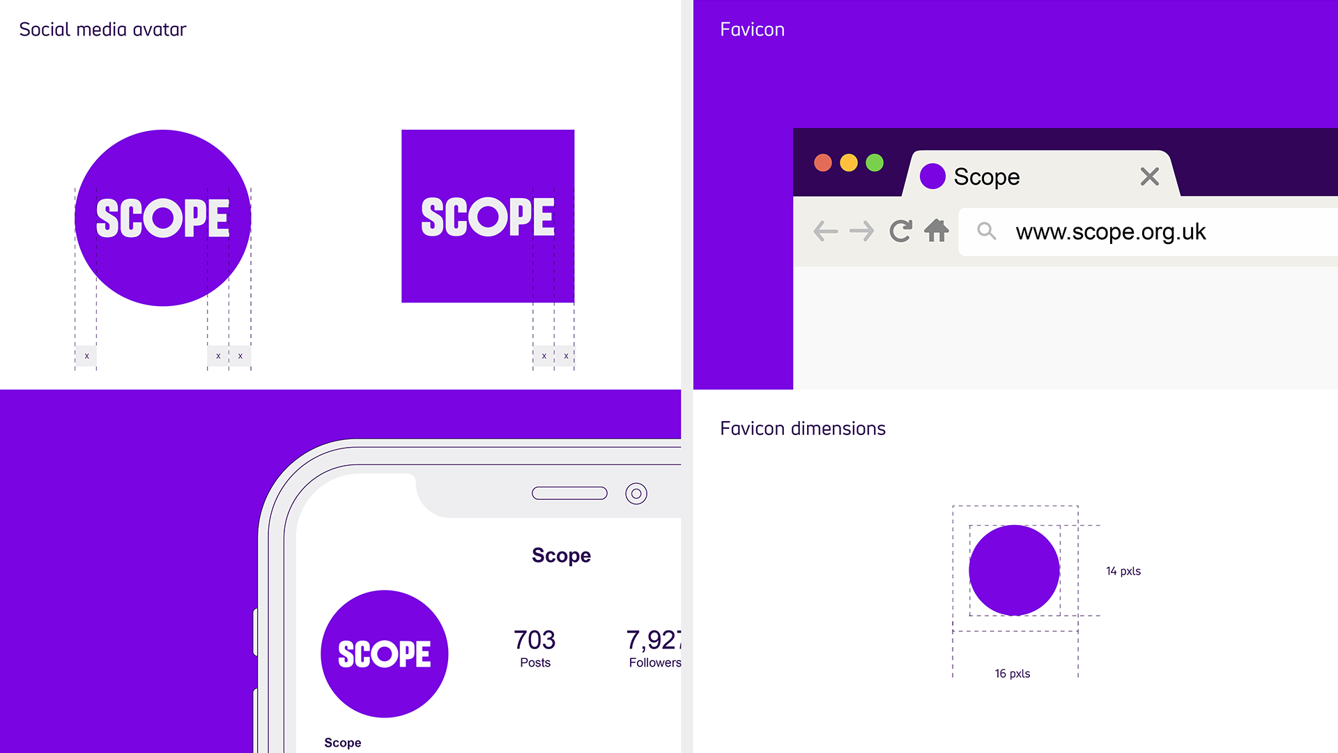 Left example is the Scope logo in the Bright purple circle showing the width of the 'E' to guide the margins of the circle and its central position. It also shows the Scope logo in purple square with the same guidance. There's an example of the circle social media avatar on a phone screen. The right example shows the favicon in use and the dimensions.