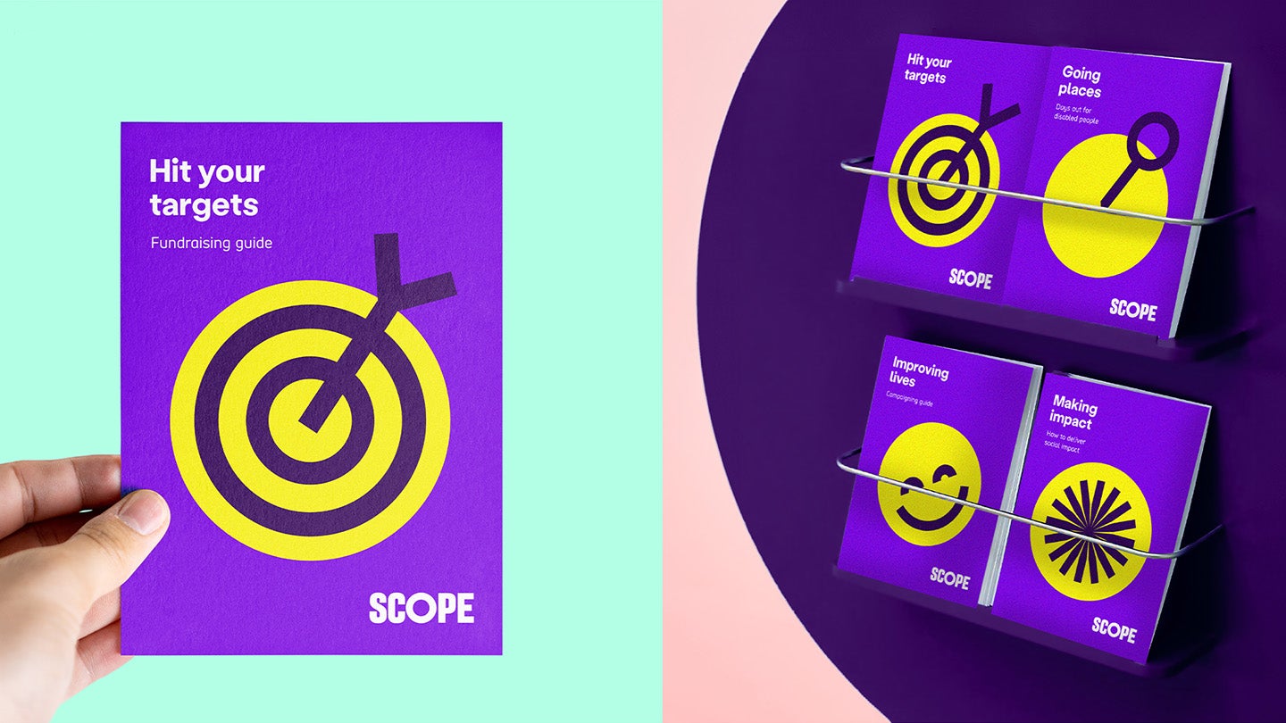 2 example images. 1 shows 'hit your targets' with bullseye icon at the centre. 2 shows 4 pamphlets with different large expressive icons at the centre, including the smiley face and flower icon.