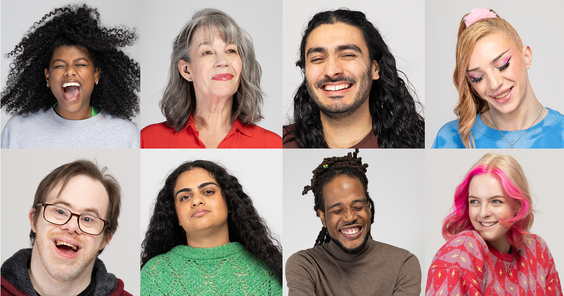 8 examples of our hero photography showing headshots of different disabled people. There is a range of races, visible and non-visible impairments, ages and genders. All photos are against a plain grey background.