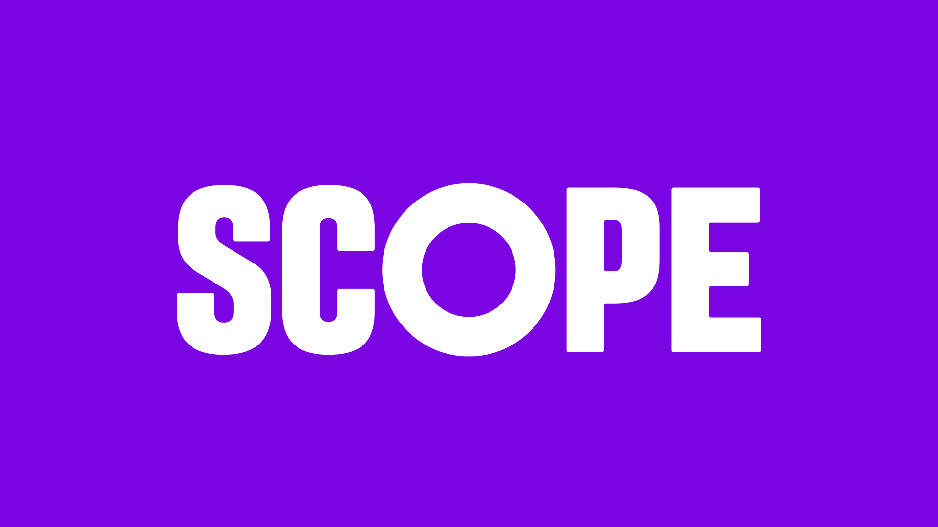 Scope's white logo on our Bright Purple background. The O of the Scope is slightly bigger to represent the amplification circle. The font is clear and bold. 