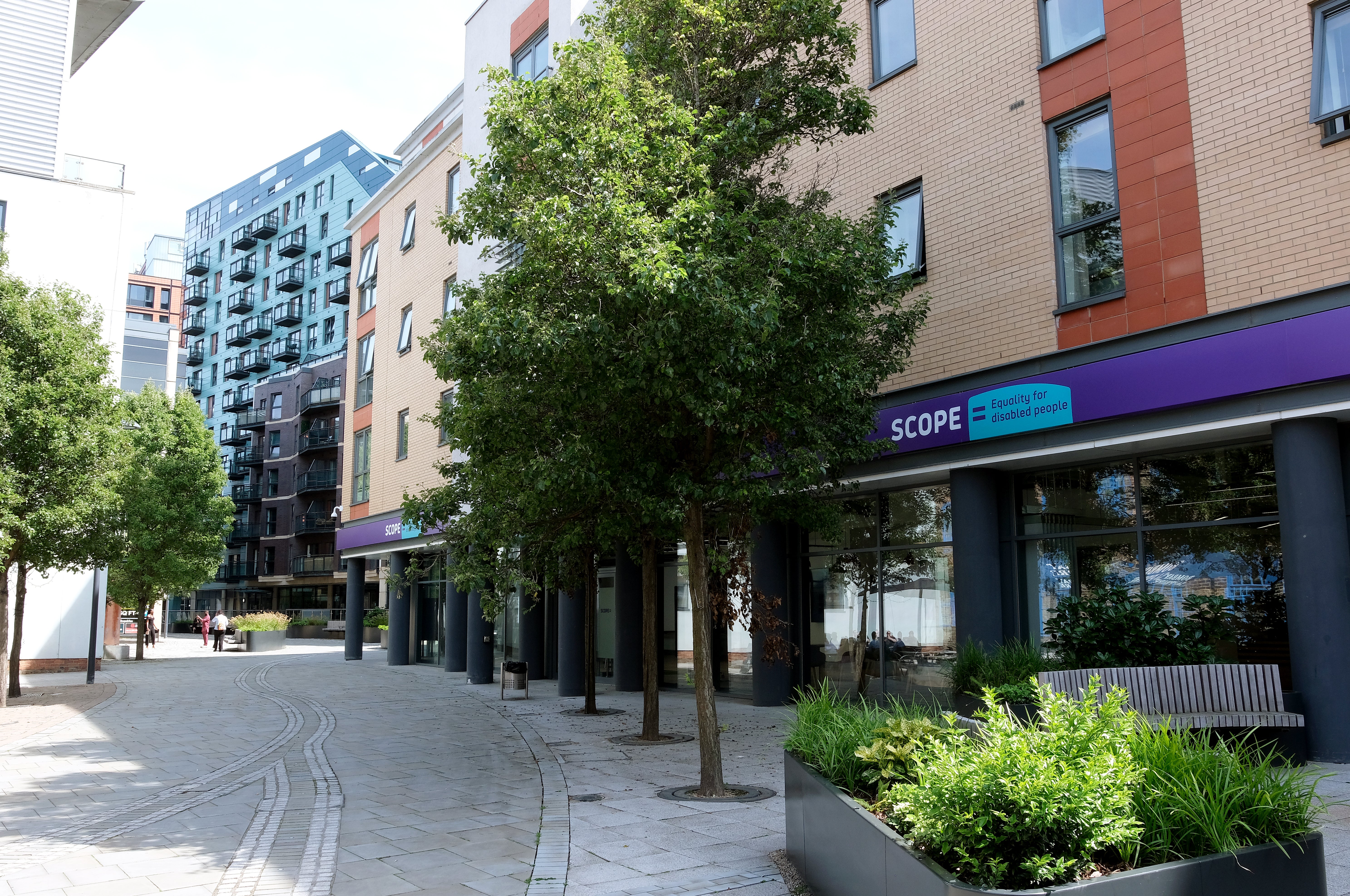 A view of the hub from outside, including trees and benches. 