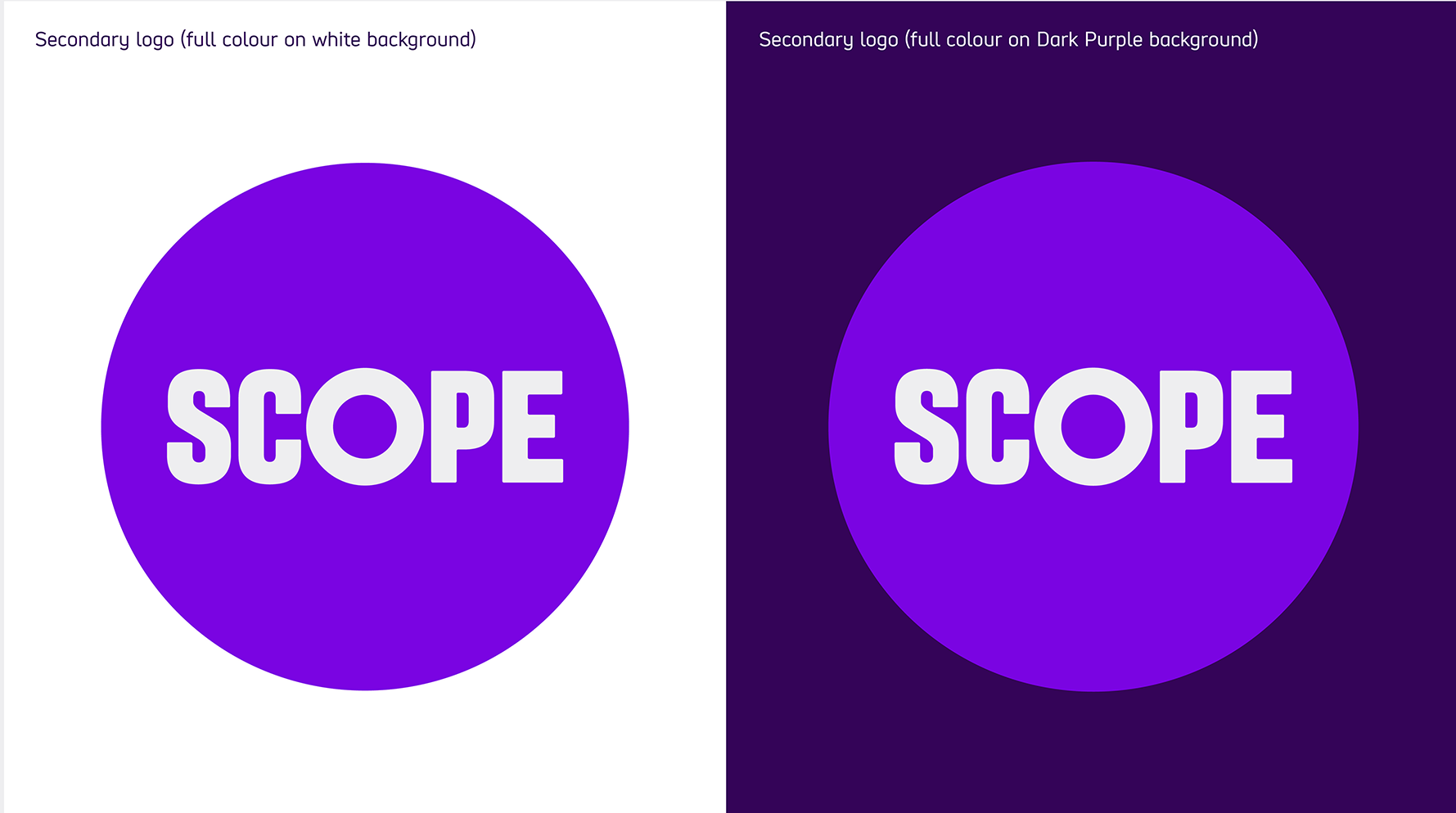 White Scope logo on the bright purple amplification circle. There are 2 versions, one with the amplification circle on a white background and the other on a dark purple background.