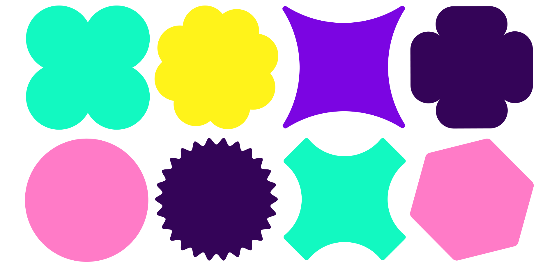 8 flourish shapes. They are based around the amplification circle. Some use the circles combined to create flower shaped, others have different sized indents. The flourishes include a hexagon, circle, square with long points, flower styled circle.