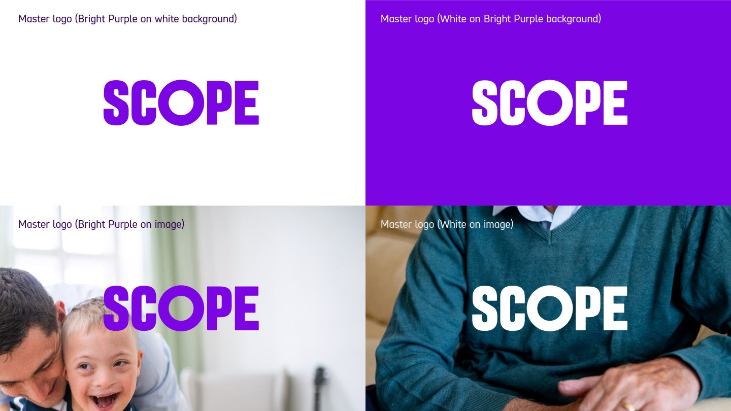 4 examples of Scope logo. The logo is just the text 'Scope'. The O of the Scope is slightly bigger to represent the amplification circle. The font is clear and bold. Go to 'image description' heading for plain text version.