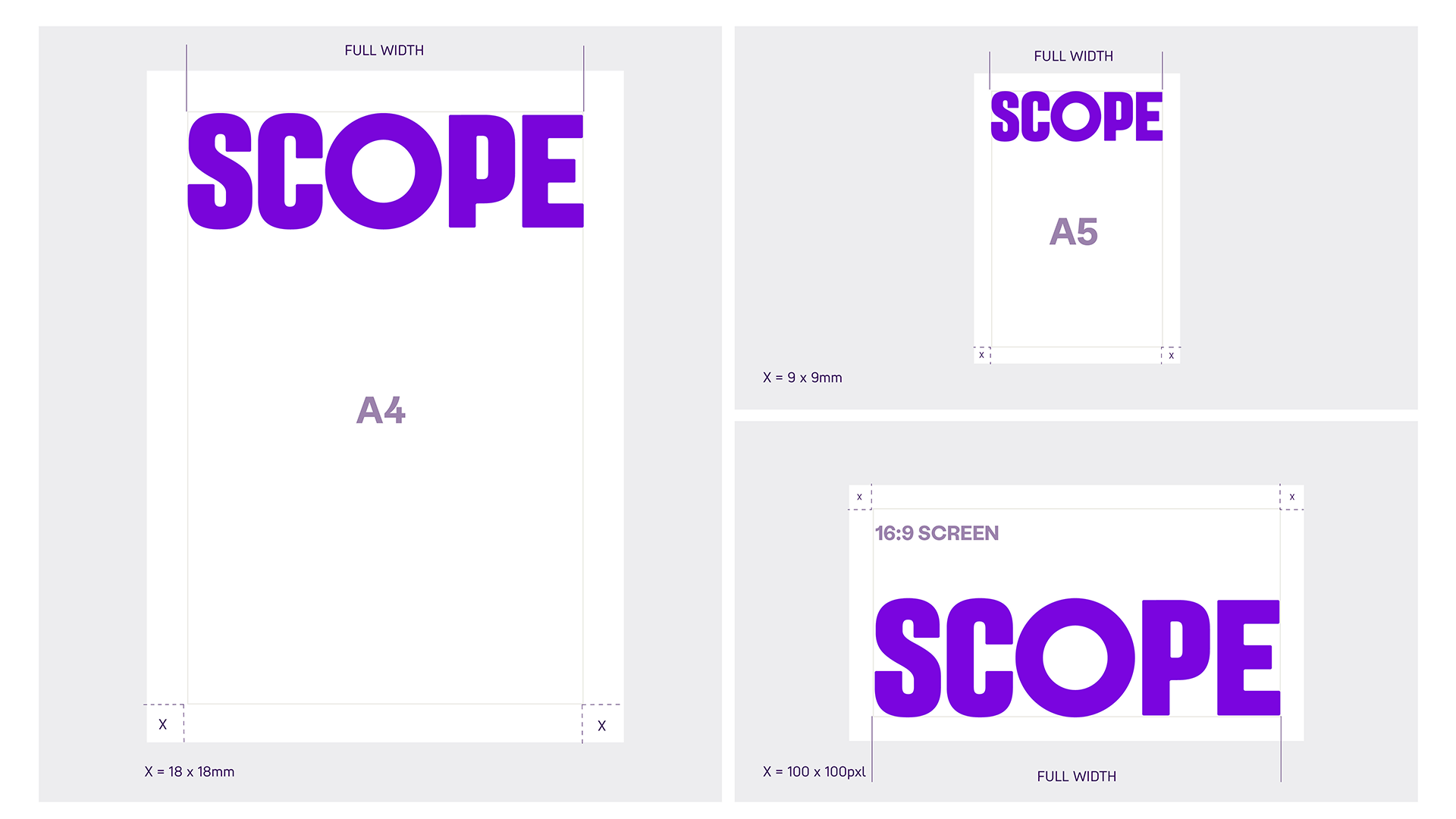 Examples of full width versions of Scope's logo. It has the same square margins of 18 by 18mm for A4, 9by 9mm for A5 and 100 by 100 pixels for widescreen. 