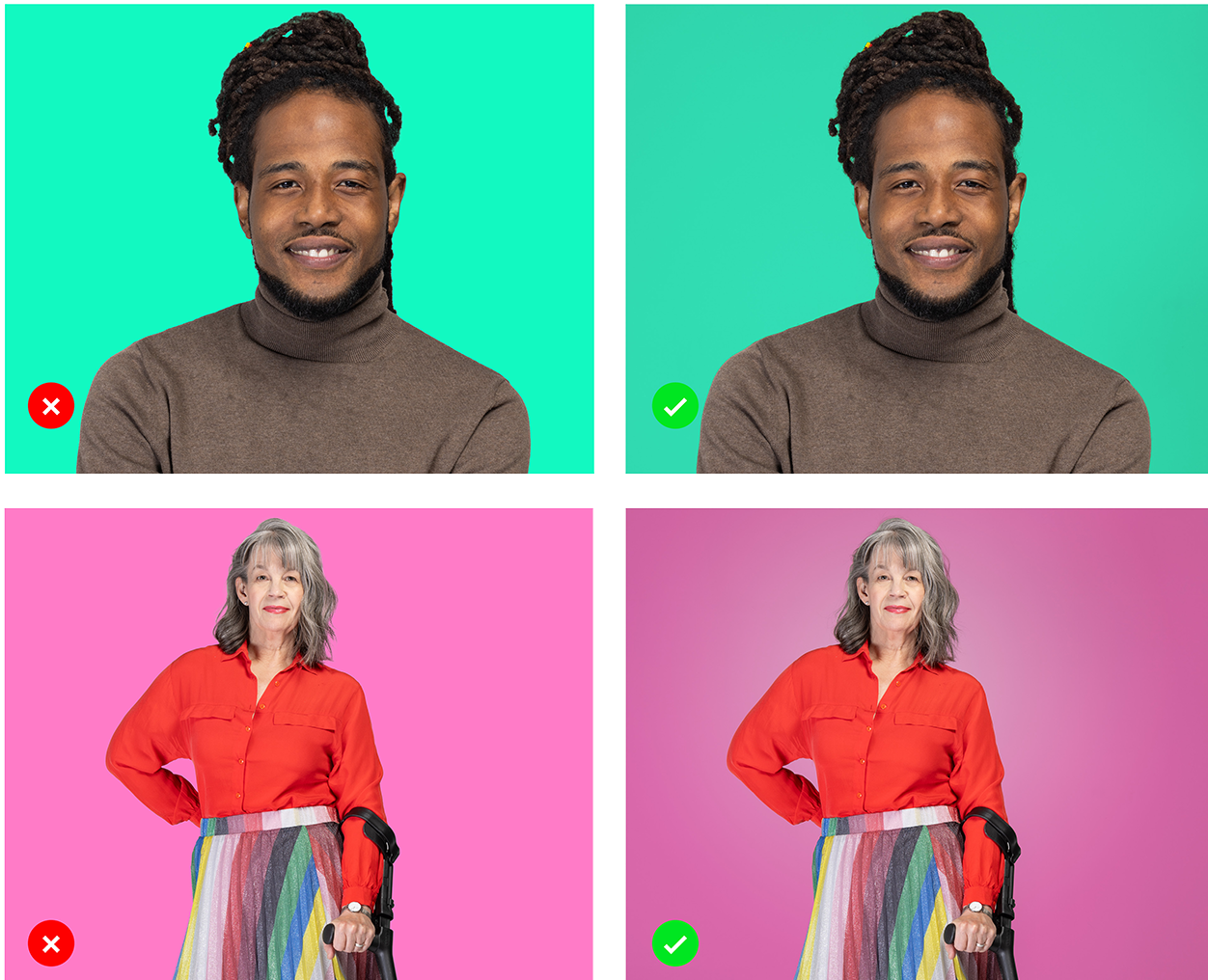 4 examples of correct and incorrect use of colour background. 2 examples show photos with background colours with bright block colour behind without natural gradient. This is incorrect use. The second 2 show the gradients with softer colouring and variation. This is correct use. Colours used are the Bright Pink and Green.