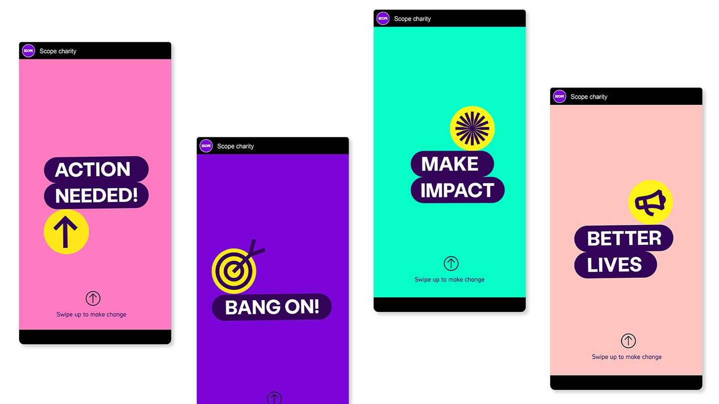 4 social stories examples. 1 has Bright Pink background with lozenges saying 'action needed' and an up arrow icon. 2 has Bright Purple background and the lozenge 'bang on' with bullseye icon above it. 3 has a Bright Green background and the lozenge 'make impact' with flower icon above. 4 has Pastel Pink backgound and the lozenge 'better lives' with a megaphone icon.