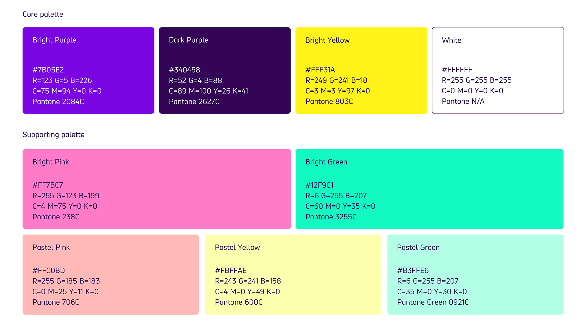 Graphic showing new brand colours with hex, RGB, CMYK and Pantone codes. Find plain text version for each under heading 'colour codes'. Colours include Bright Purple, Dark Purple, Bright Yellow, and White. Supporting palette is Bright Pink and Green, and Pastel Pink, Yellow, and Green. 