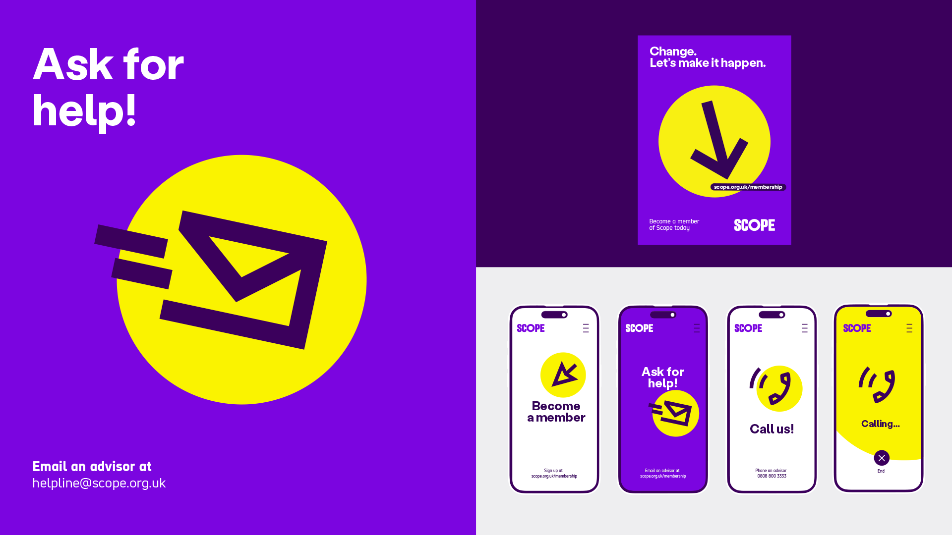 Icon examples on mobile and leaflets. Shows creative use of icons, like having the email icon as the central image to signify contacting us. Some of the illustrations 'break out' of the circle.