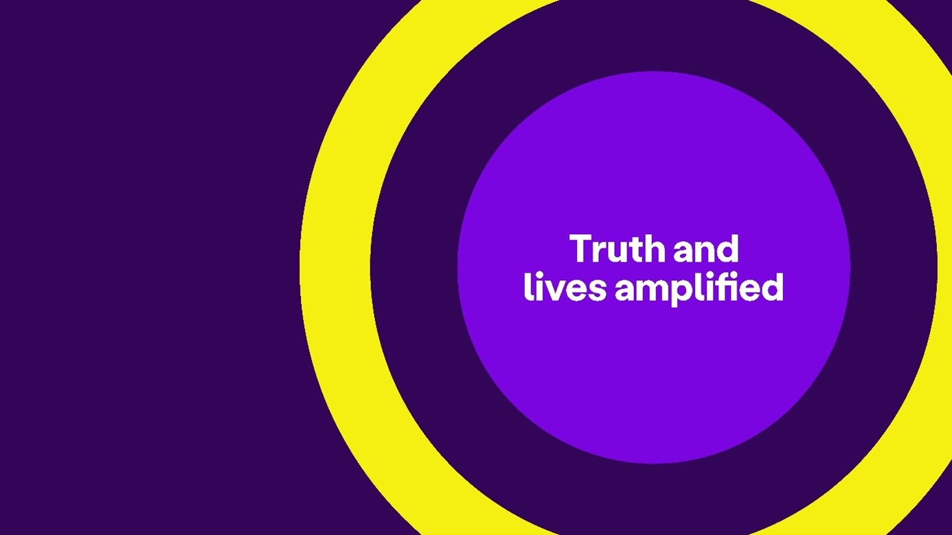 A Bright Purple amplification circle with Dark Purple and Bright yellow rings. Text says "Truth and lives amplified".