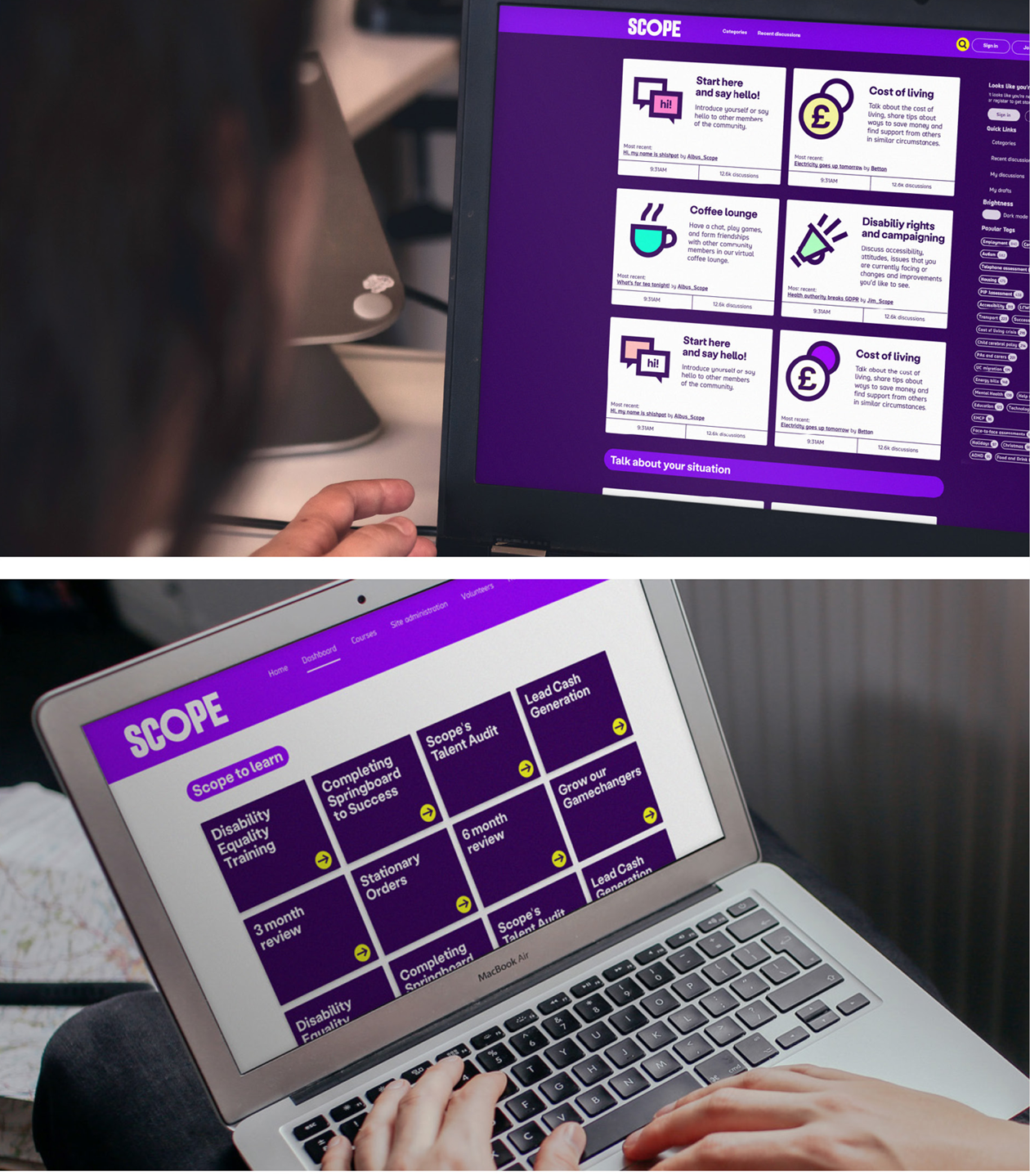 Scope online community homepage has dark purple background with white tiles for the different topics to click onto. Each one uses icons. Scope to learn homepage with dark purple tiles for each training topic.