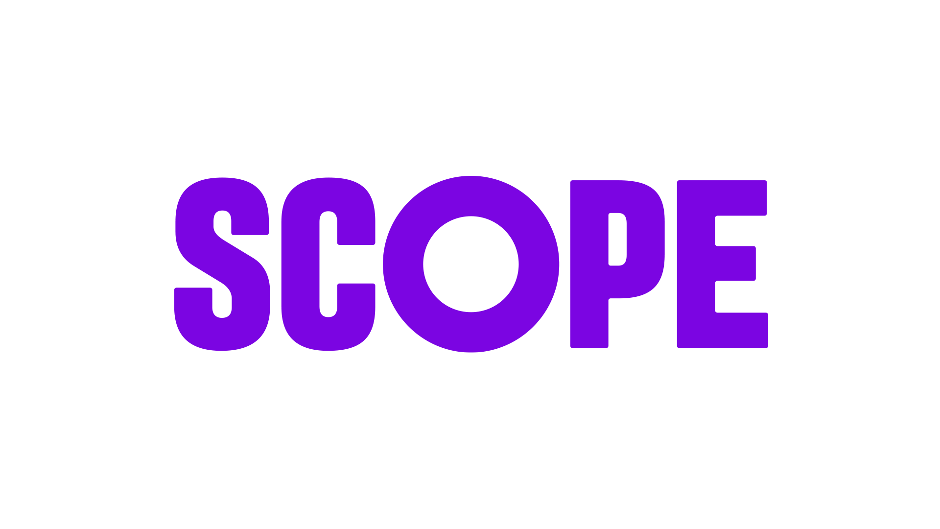 Scope's Bright Purple logo on a white background. The logo is just the text 'Scope'. The O of the Scope is slightly bigger to represent the amplification circle. The font is clear and bold. 