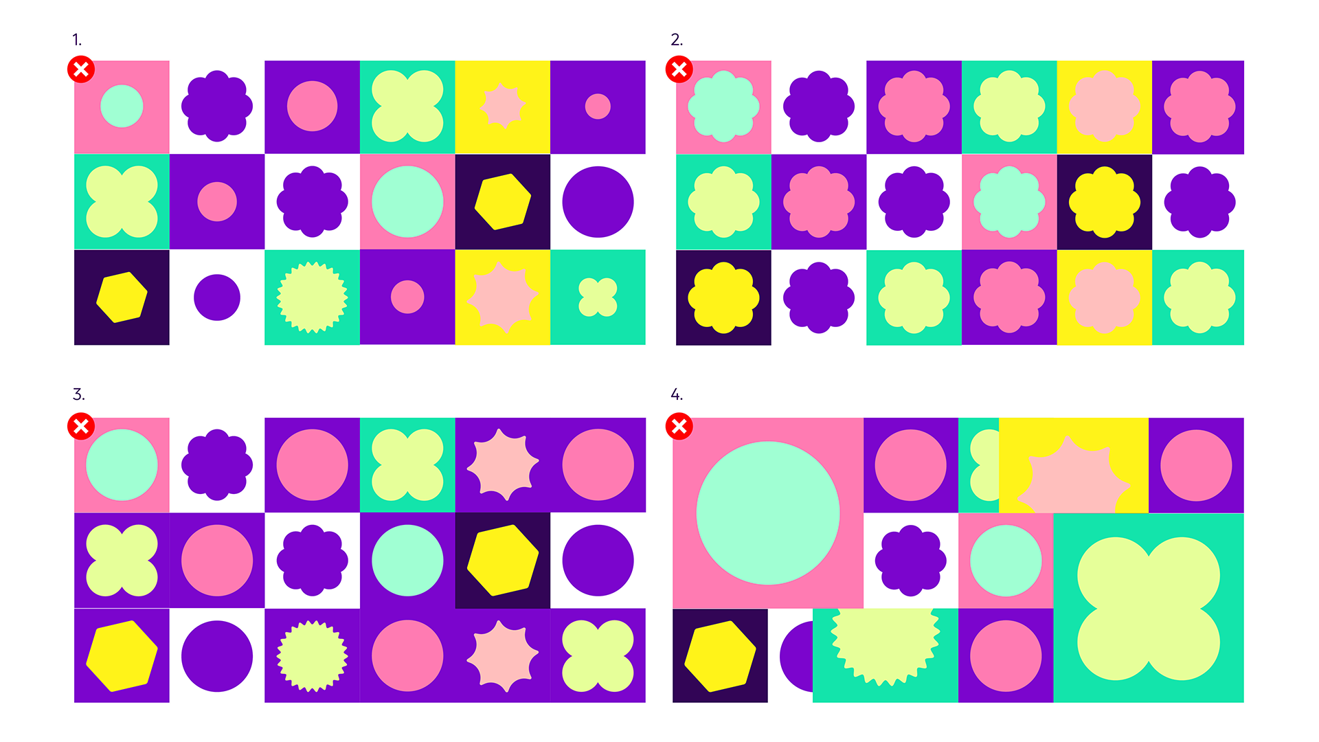 4 examples of what to avoid. Example 1 shows flourishes of different sizes inside their squares. Example 2 shows the same flourish in each square. Example 3 shows lots of squares using Bright Purple. Example 4 shows squares overlapping each other. 