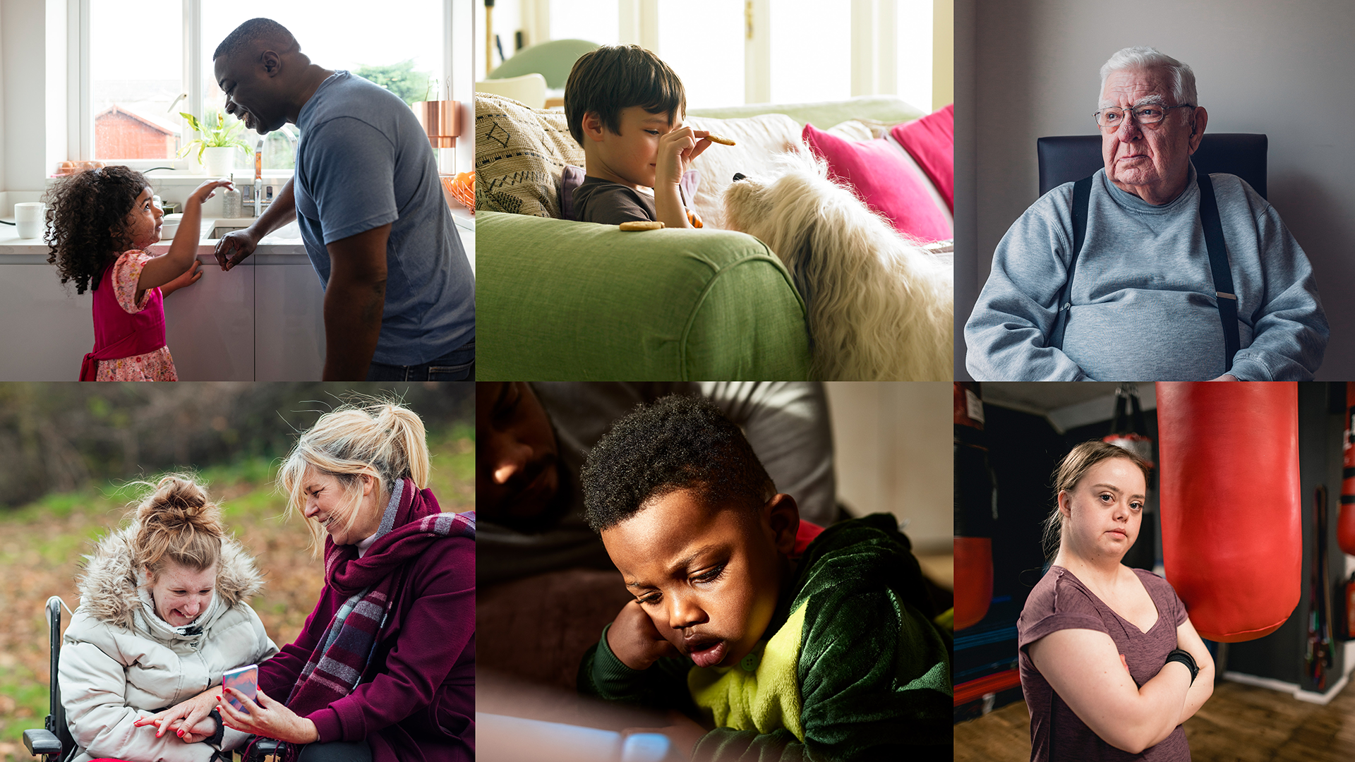 6 examples of reportage style photography. Image 1 shows a father and young daughter talking together in the kitchen. Image 2 is a boy on the sofa feeding a biscuit to their dog. Image 3 is an older man sat in a chair looking out a window. Image 4 is a mother showing her daughter something on a phone and laughing, they're in a park and the daughter is a wheelchair user. Image 5 is a disabled child looking at a tablet screen. Image 6 is a disabled woman at the gym standing next to boxing bag with their arms crossed.