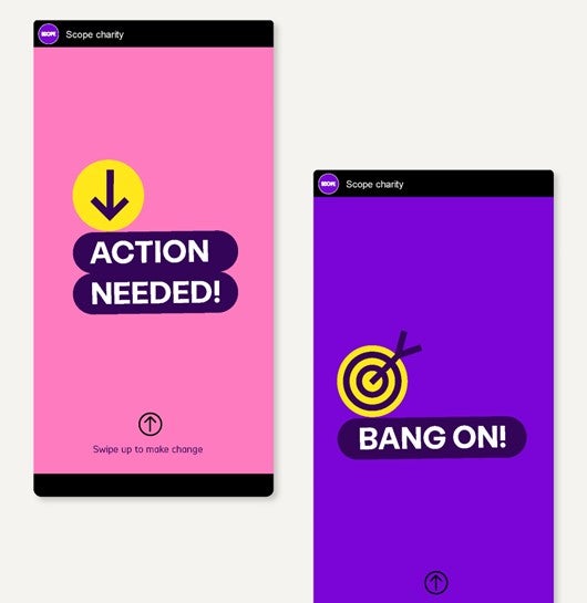 2 social stories examples. 1 has bright pink background with lozenges saying 'action needed' and down arrow icon. 2 has bright purple background and the lozenge 'bang on' with bullseye icon. 