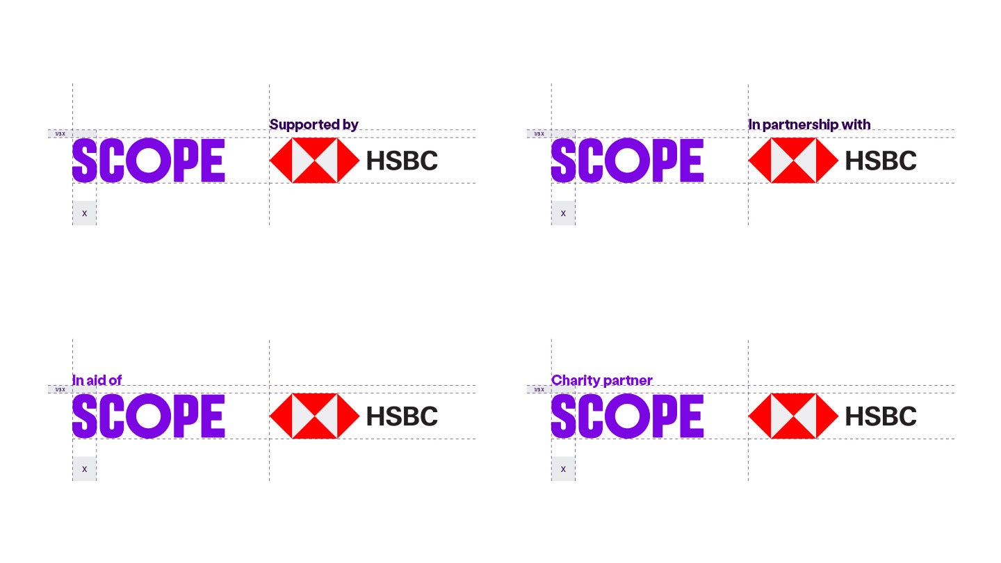 4 examples of the scope logo and the HSBC logo with supported by, in partnership with, in aid of, and charity partner text above the logos.