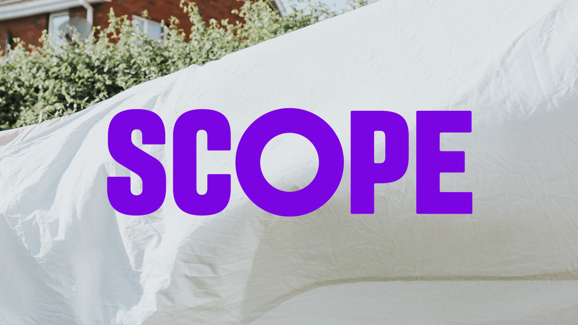 Scope's Bright Purple logo over a photo of a bed sheet drying outside.