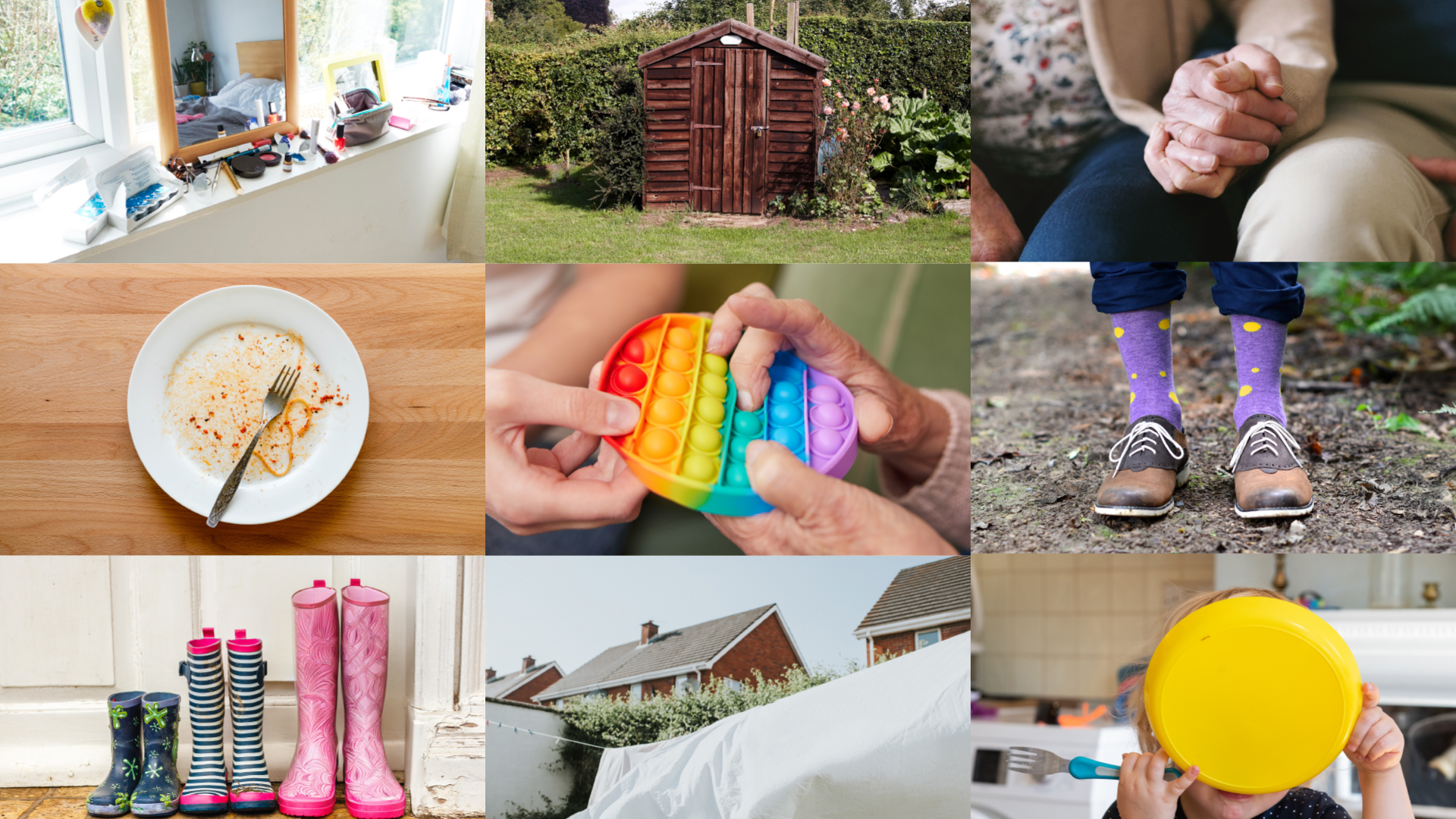 9 examples of details photography. These include: make up laid out on a windowsill with a large mirror against the window, a shed in a garden, 2 people holding hands, a dirty plate, a fidget popper, a pair of legs on a path wearing purple socks and brown shoes, wellies by the front door, a bed sheet on a washing line, a child holding yellow plate up to their face and covering it.