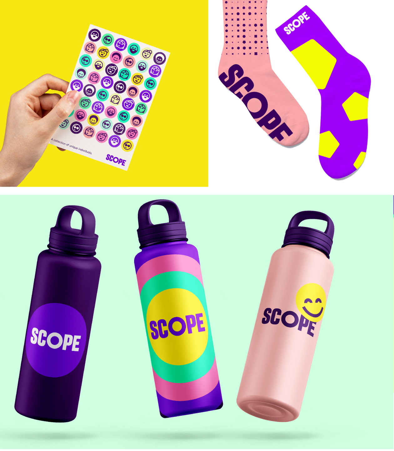 Stickers with our face icons. Socks with our logo using pastel pink and bright purple with yellow flourishes. Water bottles with Scope logo and amplification circles in different colours. 1 has smiley face icon. 